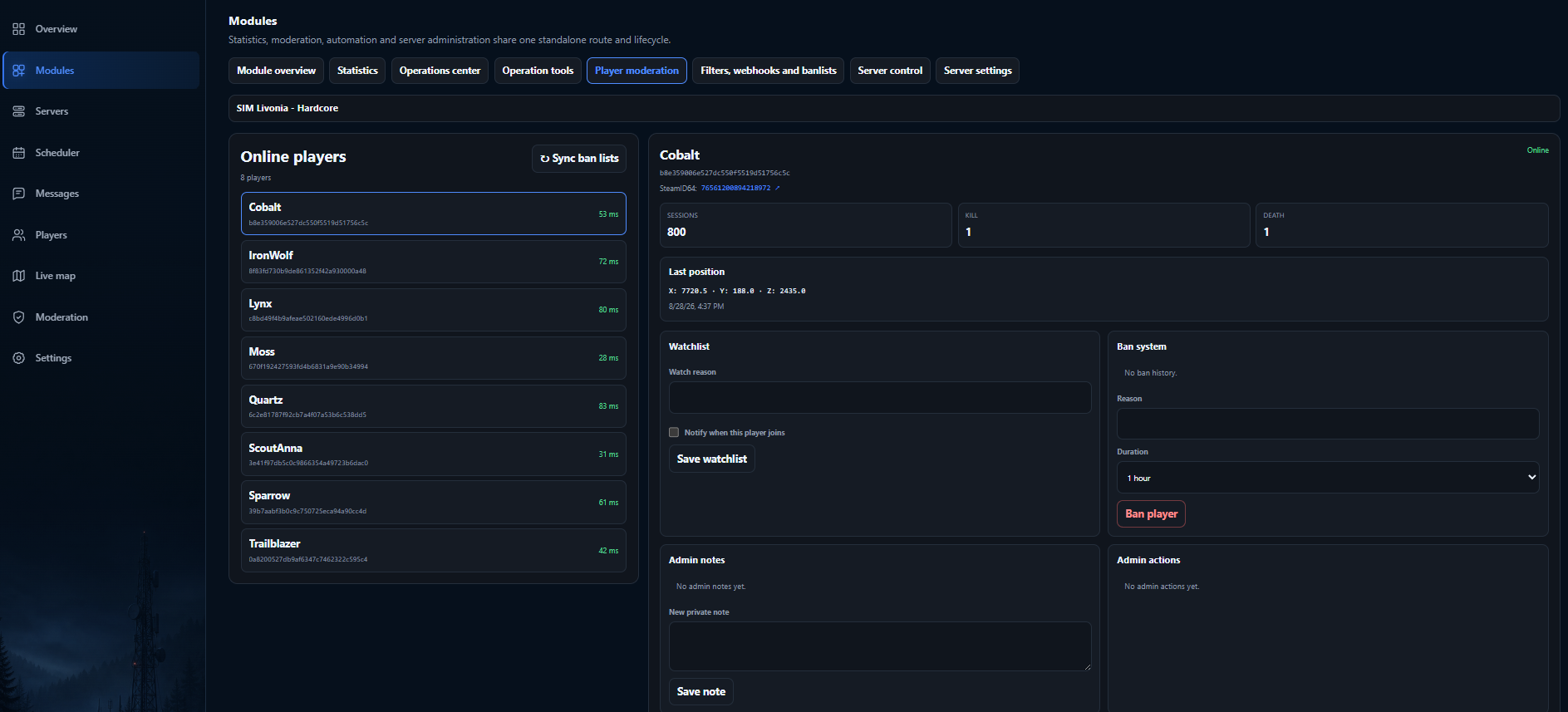 GAdmin player moderation workspace with live player context